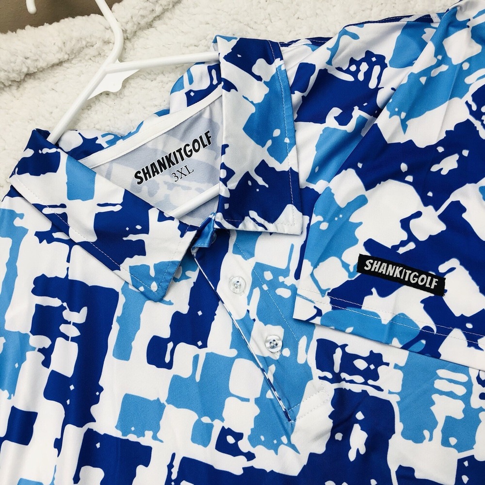 Shank‎ It Golf Polo Shirt Mens 3XL White Blue Geometric Performance Stretch Logo